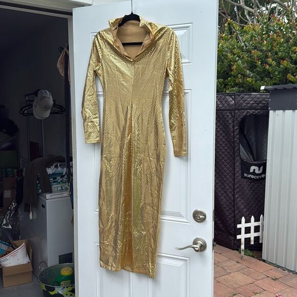 Long Sleeve Gold Shiney Dress - Flashy Dress - Tight -Size Small - Worn Once - Picture 2 of 5